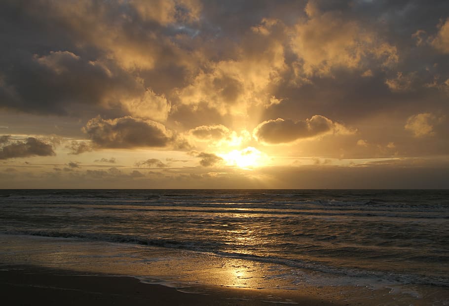 sun, clouds, evening, sunset, sky, sea, water, horizon over water HD wallpaper
