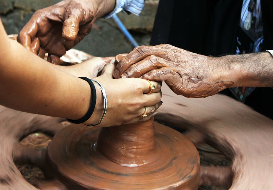 pottery, potter, learning, hands, close, close-up, view, mud