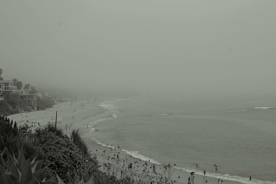 grey, sky, beach, sand, waves, houses, water, trees, people HD wallpaper