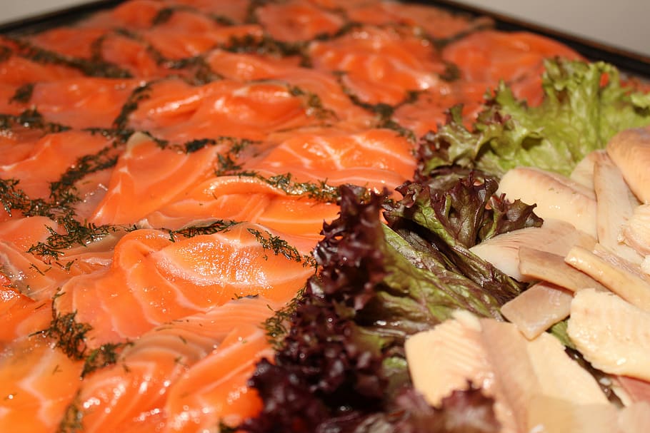 Lots of red salmon meat and lettuce, dinner, fish, public domain HD wallpaper