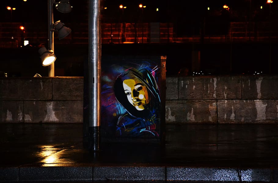 Paris, Graffiti, Docks, Night, Evening, france, lights, reflections HD wallpaper