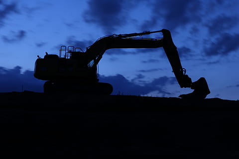 excavators, night, night construction site, construction work HD wallpaper