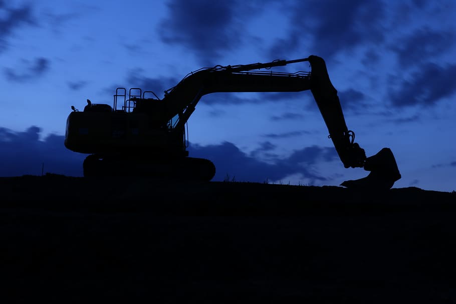 excavators, night, night construction site, construction work HD wallpaper