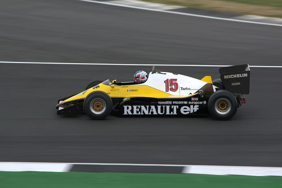 Renault Elf F-1 race car on track, yellow, black, and white Renault Formula 1 racing car driving on gray road, HD wallpaper