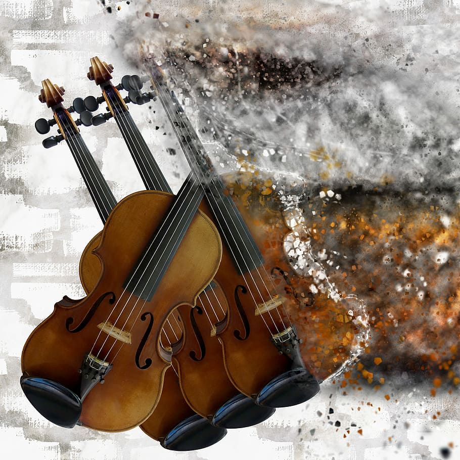 brown violin, explosion, music, artistic, digital art, splatter, HD wallpaper