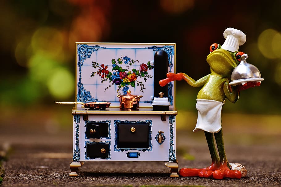 green frog holding gray stainless steel plate with lid figurine HD wallpaper