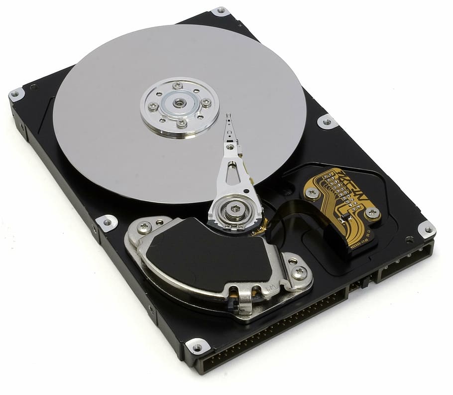 black and gray internal HDD, open hard drive, tray and visible playhead