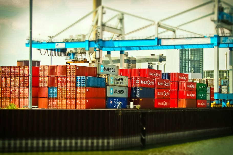 red and blue ship containers at daytime, port, inland port, rhine