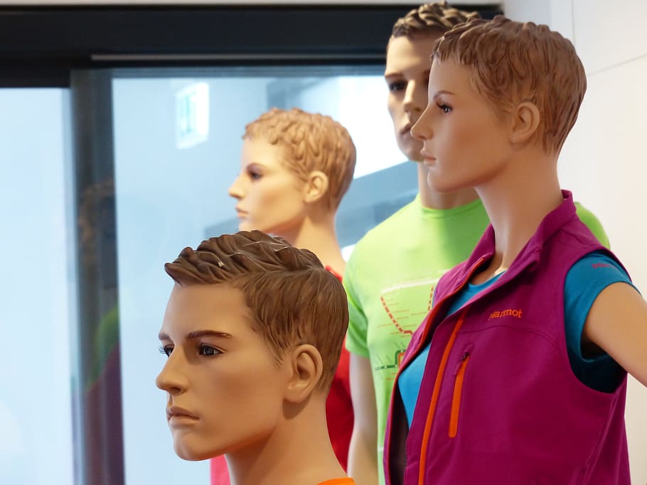 several mannequins near glass window, faces, human, group, men HD wallpaper