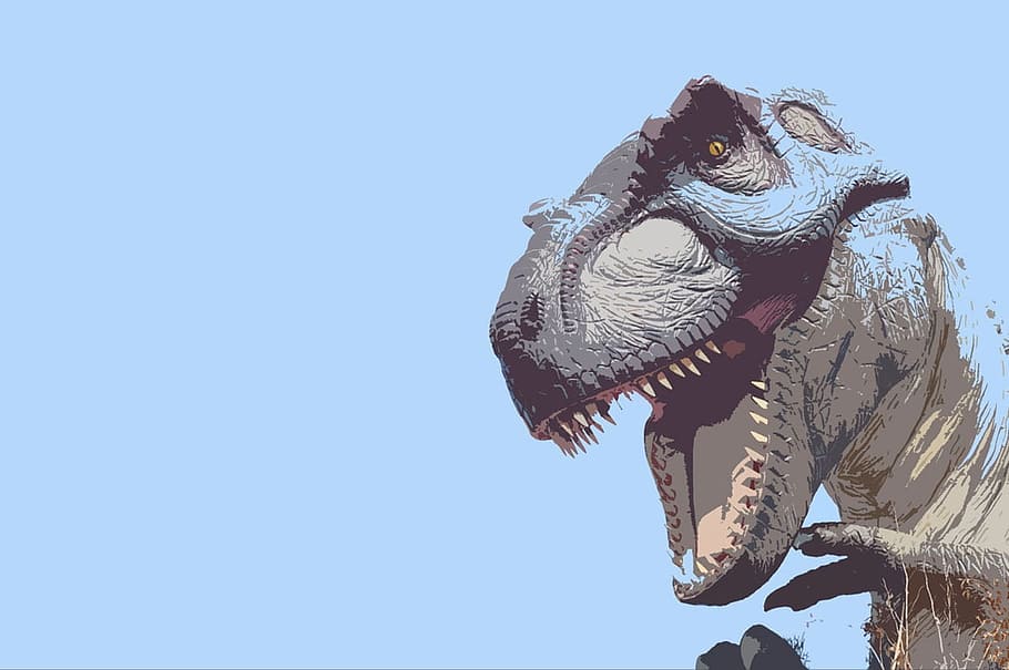 dinosaur illustration, replica, blue, background, teeth, scary