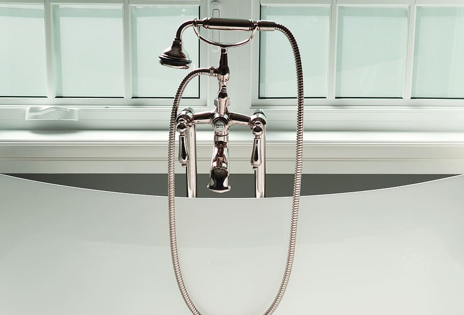 silver telephone shower, bathtub, bathroom, washroom, home, bathing, HD wallpaper