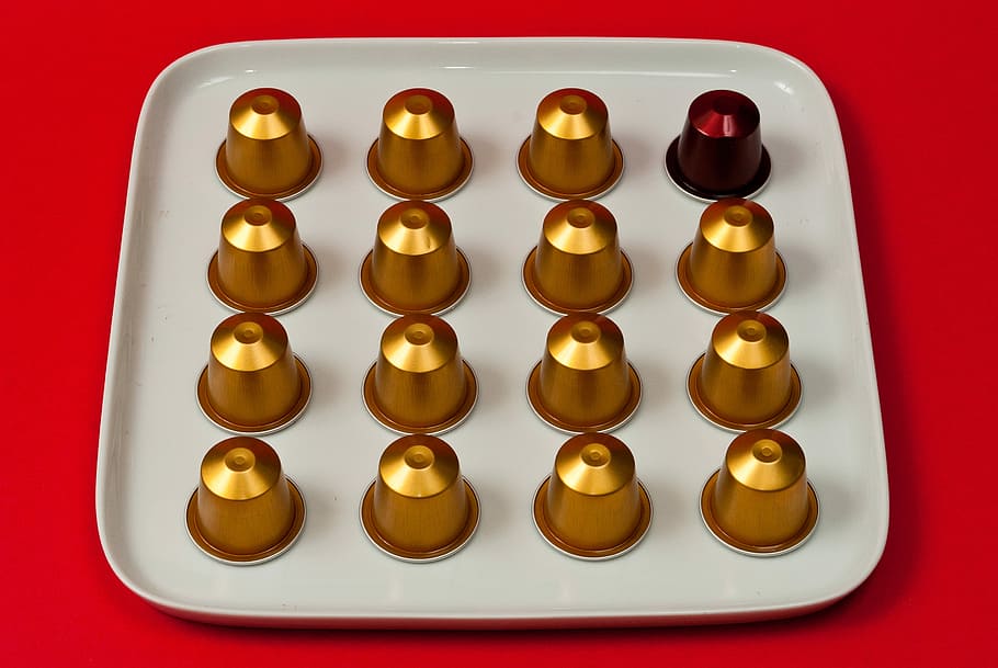 round brass-colored and maroon dome molds on white platter, gold-colored cups HD wallpaper