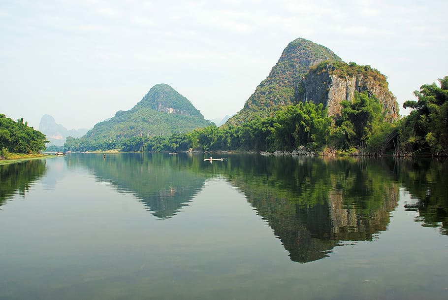 body of water in between green mountains at daytime, china, yangshuo, HD wallpaper