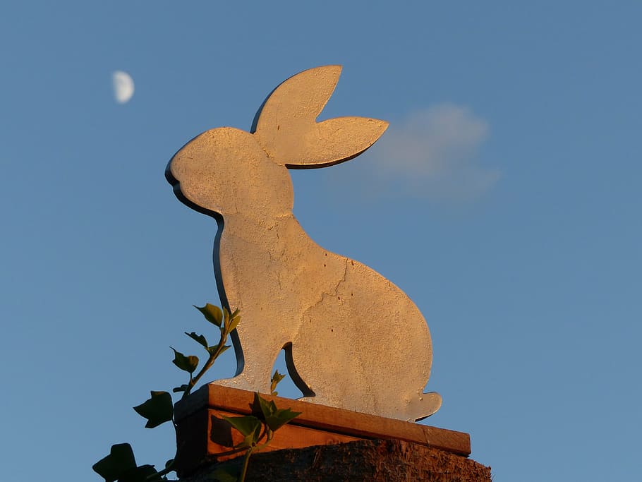 art, hare, metal, sky, blue, moon, easter, silhouette, metal work HD wallpaper