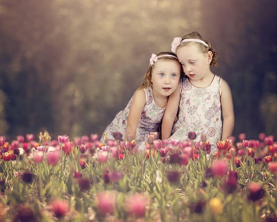 Girls In Flower Farm Children Twins, Farm Wallpaper For Kids