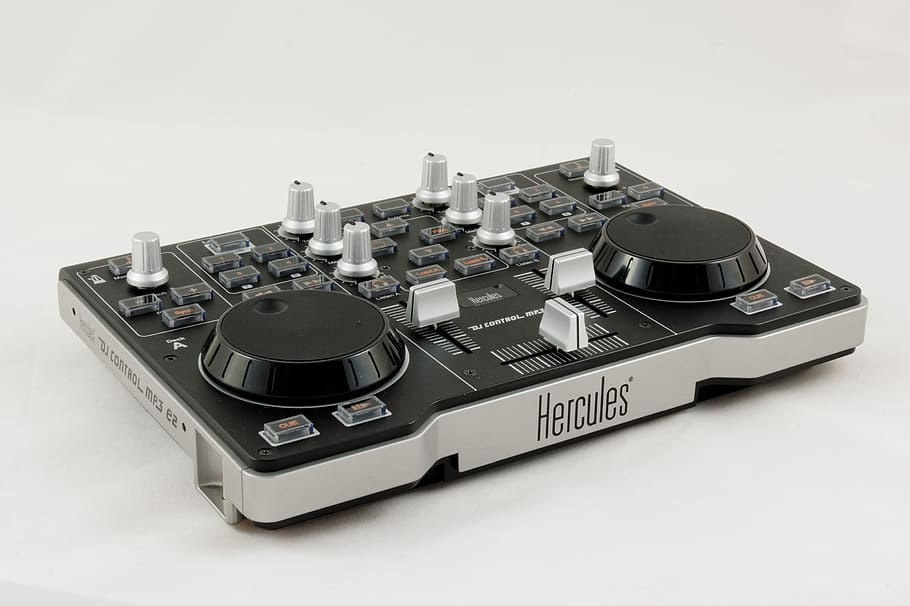 close-up photo of black and gray Hercules DJ turntable, mixer, HD wallpaper