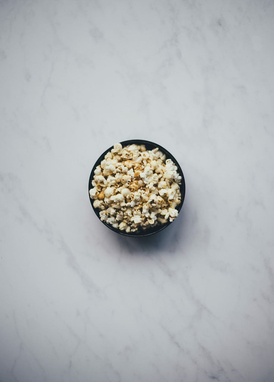 Popcorn, bowl of popcorn, marble, indoors, food and drink, wellbeing HD wallpaper