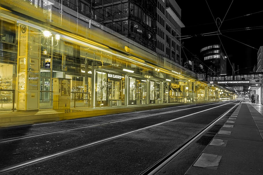 street during night time, tram, berlin, long exposure, germany, HD wallpaper