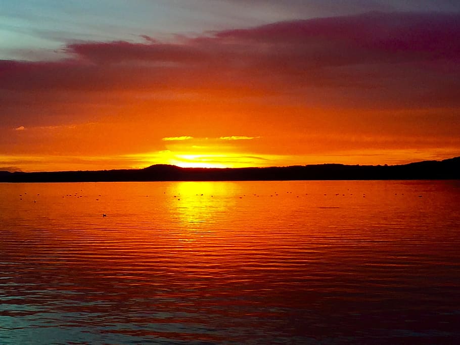 Sunset, Lake, Reflection, Orange, evening, nature, sea, dusk HD wallpaper
