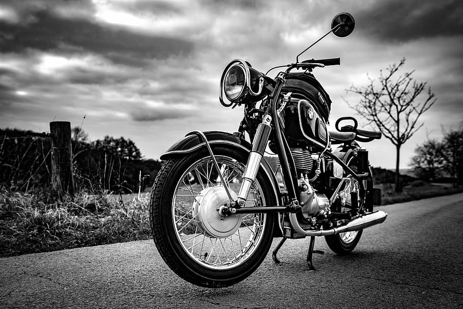 grayscale photo of motorcycle, bmw, landscape, cloud - sky HD wallpaper