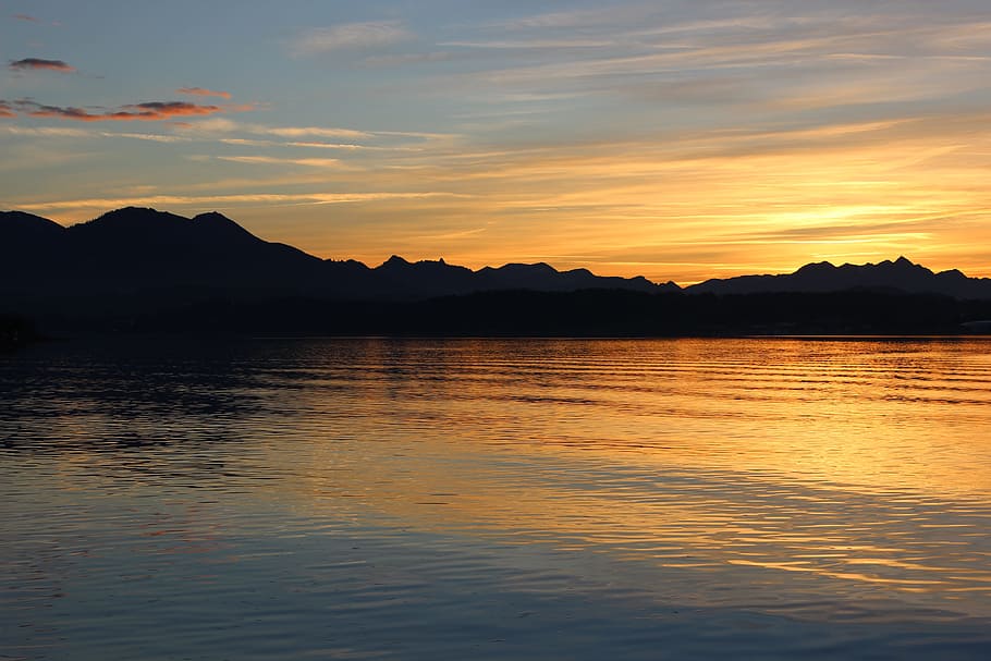 bergsee, sunset, nature, sky, dusk, mirroring, rest, water HD wallpaper