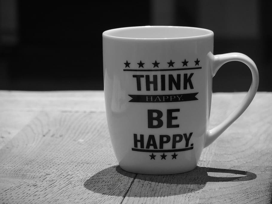 grayscale photography of mug, positive thinking, cup, black white, HD wallpaper
