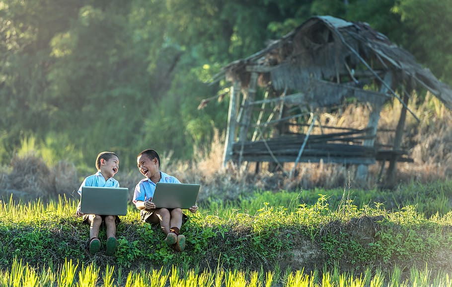 two toddlers sitting on grass field while holding gray laptops, HD wallpaper