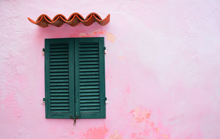 brown awning near wooden window, window on concrete wall, pink HD wallpaper
