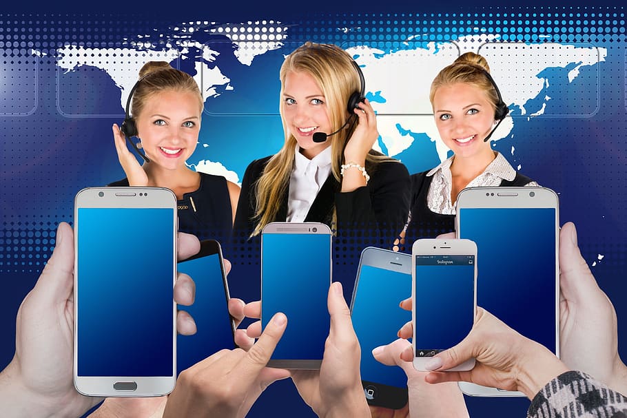 several smartphones, call center, headset, woman, service, consulting, HD wallpaper