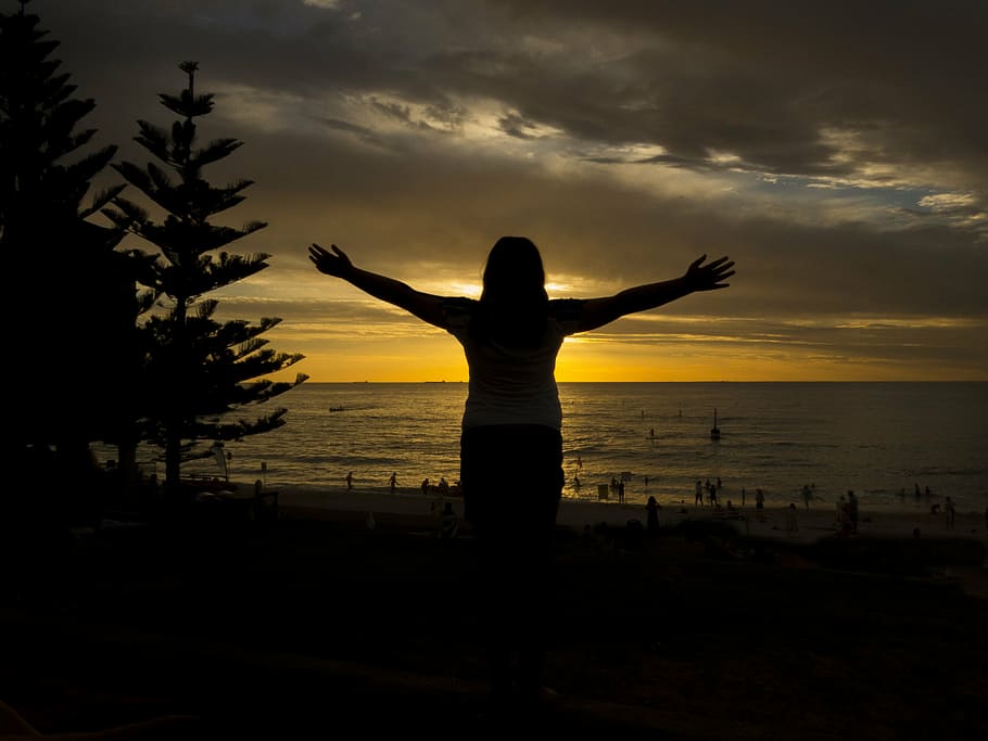 silhouette, cottesloe, perth, sunset, sky, cloud - sky, human arm HD wallpaper