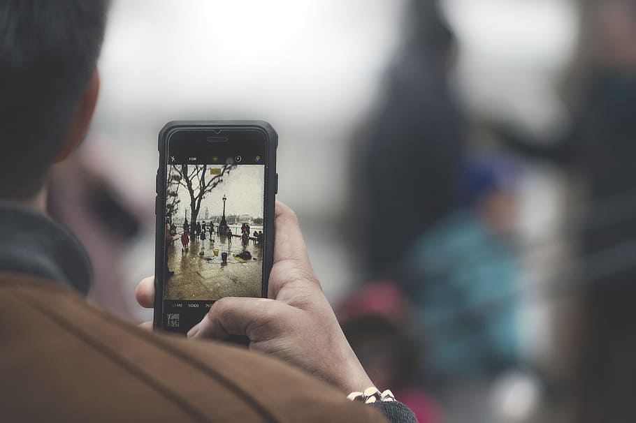 people, man, iphone, cellphone, apple, technology, trees, human hand HD wallpaper