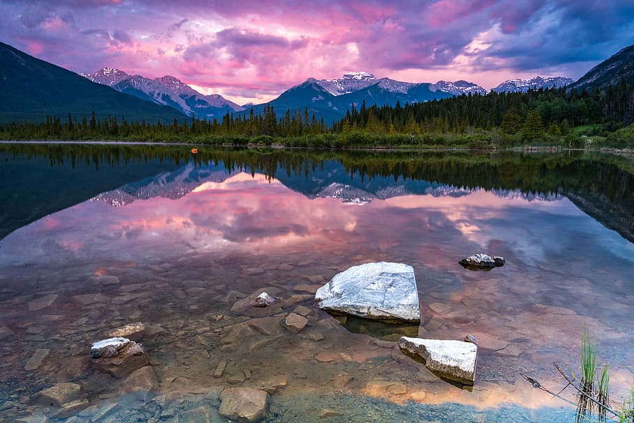 bodies of water near forest and mountain under cloudy sky at daytime, trees reflecting on body of water HD wallpaper