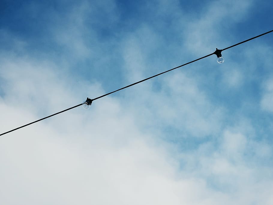 blue sky, clear, cloud, electricity, high, light, light bulbs HD wallpaper