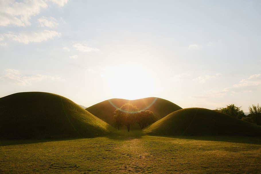 green, grass, mountain, hill, valley, landscape, highland, sunrise HD wallpaper