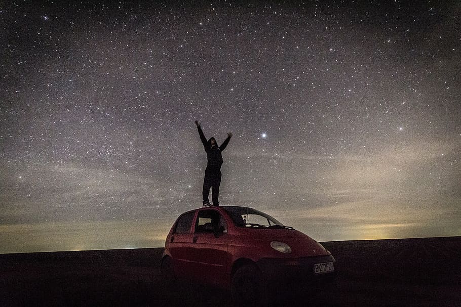 boy, stars, car, magic, night, long exposure, sky, starry sky HD wallpaper