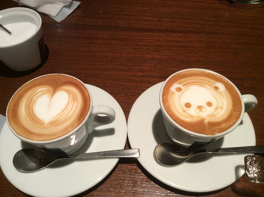 two cappuccino in ceramic mugs, coffee, cups, cafe, drink, latte HD wallpaper