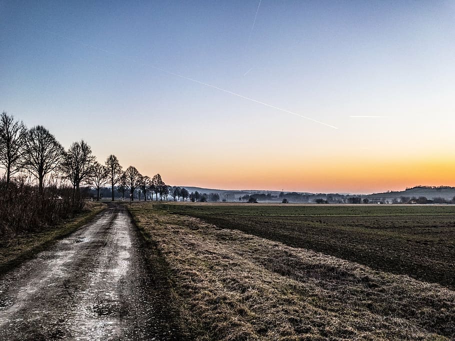 sunset, winter, landscape, sky, tree, clouds, abendstimmung HD wallpaper