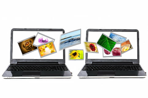 two black laptop computers, photos, sharing, transfer, internet HD wallpaper