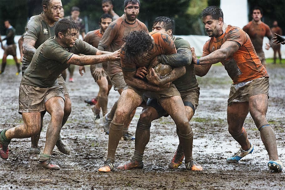 people playing football on mud, rugby, men, sports, dirt, dirty, HD wallpaper