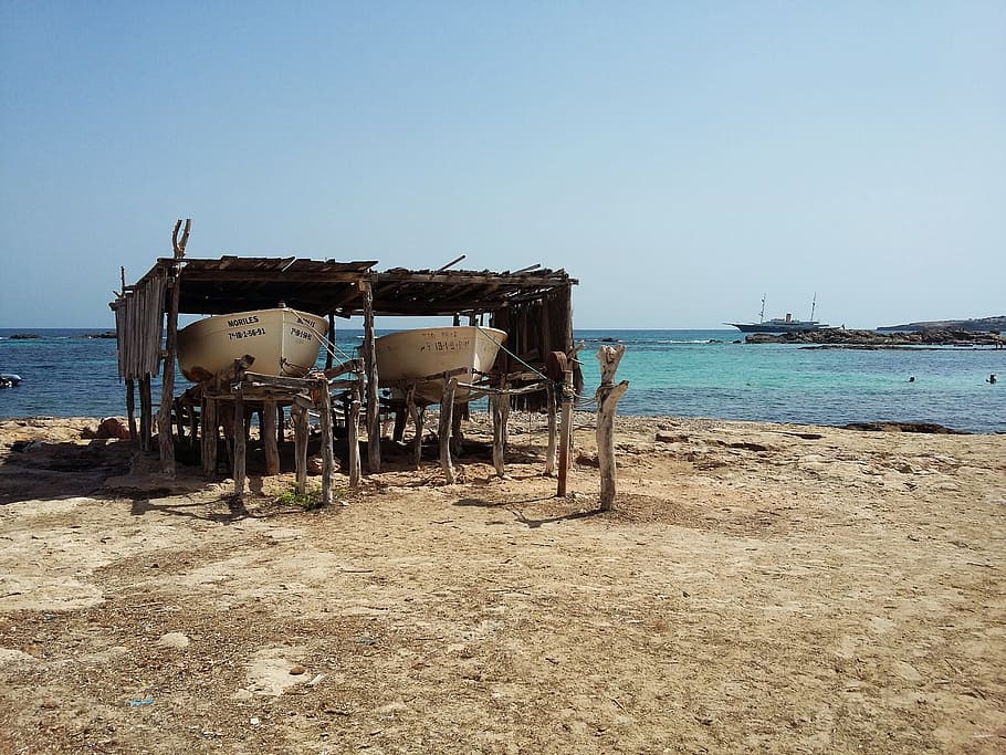 sea, beach, sand, boats, blue, sky, holiday, formentera, spain, HD wallpaper