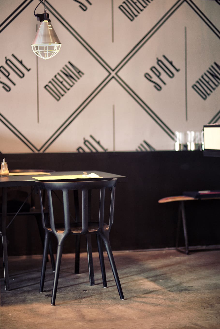 restaurant interior, chair, table, metallic, lamp, design, home HD wallpaper