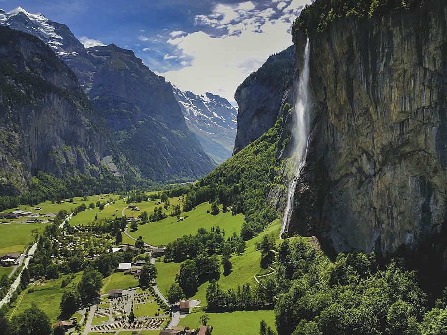 waterfalls beside grassland, high angle photo of waterfalls near trees HD wallpaper