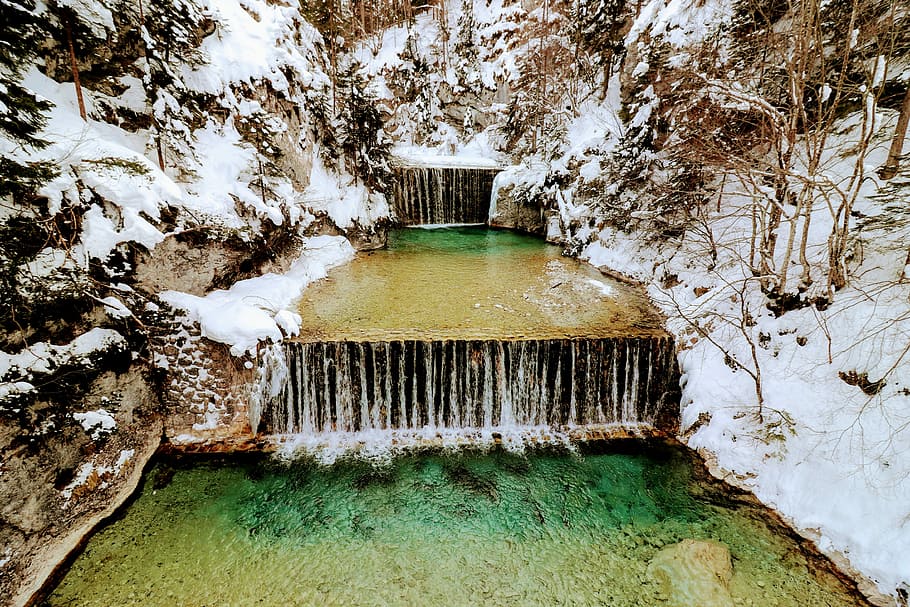 aerial view of river, river timelapse photography, creek, snow HD wallpaper