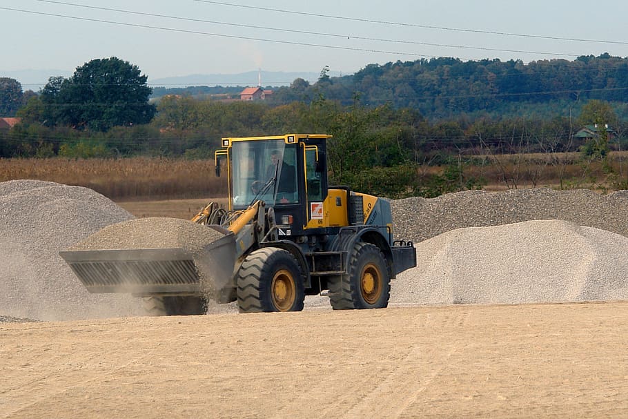 yellow bulldozer, excavator, sand, industry, machine, digger, HD wallpaper