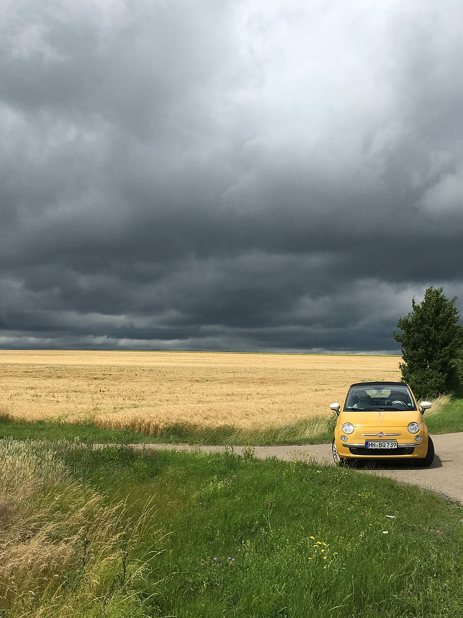 clouds, fiat, fields, meadow, weather, fiat 500, dramatic, cloud - sky HD wallpaper