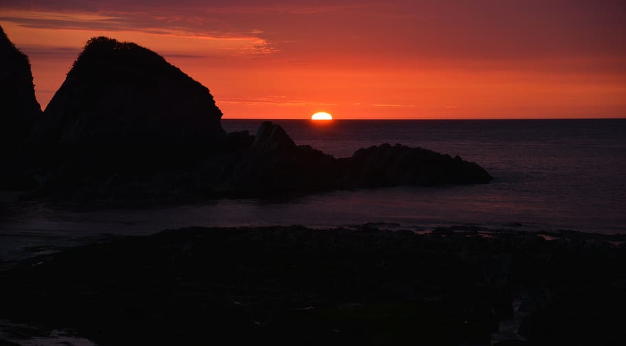 sunset, devon, lee, red, rocks, sea, water, sky, scenics - nature
