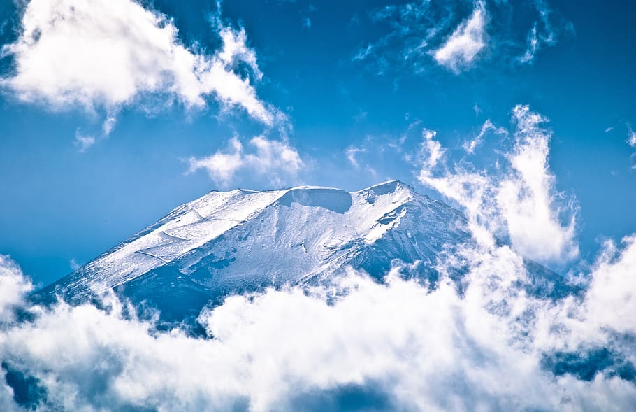 snow-covered mountain surrounded by clouds, fuji, peak, trail HD wallpaper