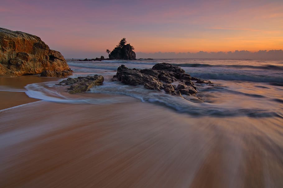 sea, dawn, landscape, nature, beach, clouds, dusk, evening, horizon HD wallpaper