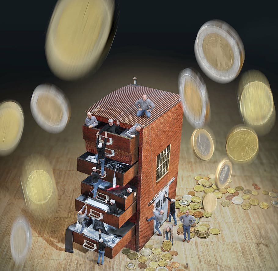 brown drawer building with dropping coins illustration, work HD wallpaper