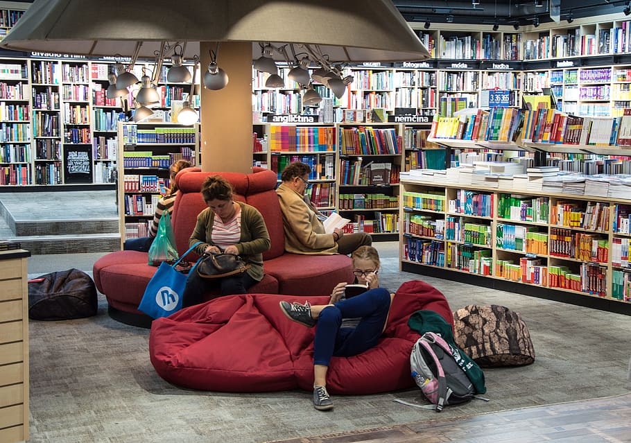 four people sitting in red cushion and chairs while reading book inside library HD wallpaper